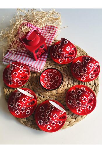 Den Tasarım Hediyelik Red Daisy Flower Coffee Cup Set and Bowl Mother's Day Special