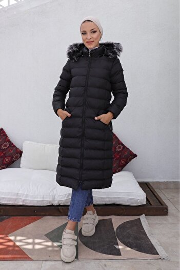 KMKkombin Stand Collar Hooded Waterproof Midi Coat Soft