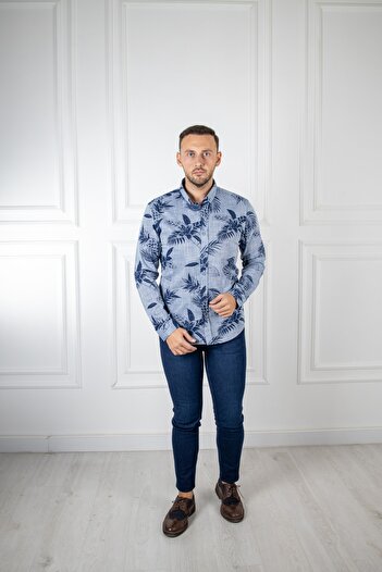 Sarar Інтерв'ю Tropik Desen Slim Fit Lacivert Gömlek