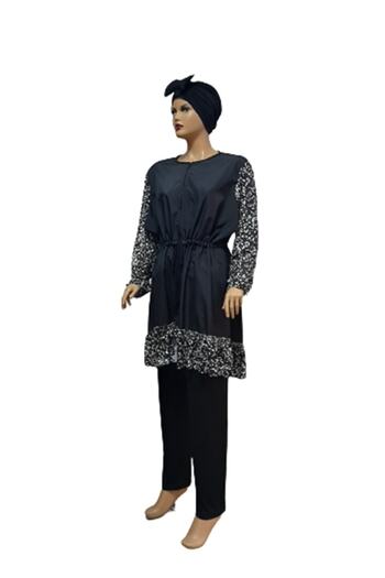 eflin Women's Clothing Black-white Leopard Ruffle Full Covered Hijab Swimsuit Including Bonnet
