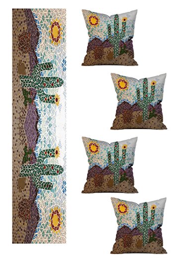 LadiesHome Özel Tasarım Runner ve 4'lü Kırlent Kılıfı Seti 5 Parça (140x40) (43x43 cm)