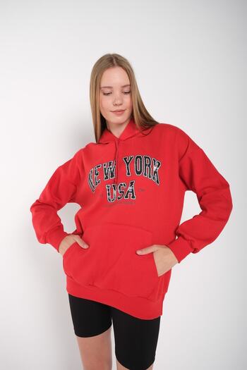MODAGEN Women's Red New York USA Printed Hooded Oversize Sweatshirt