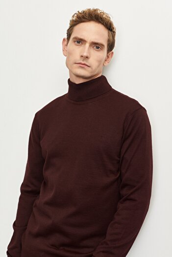 ALTINYILDIZ CLASSICS Πλεκτό πουλόβερ ανδρικό Claret Red Standard Fit κανονικό κόψιμο με πλήρες ζιβάγκο από μαλλί