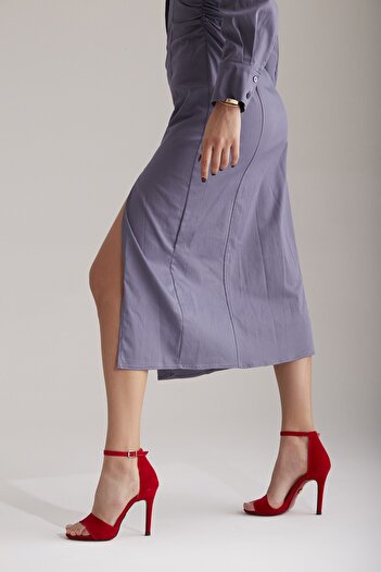 AYAKKABI PRENSİ Single Strap Red Suede Women's Classic Heeled Shoes