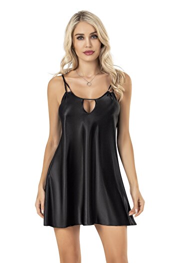 Siyah İnci Satin Black Nightgown