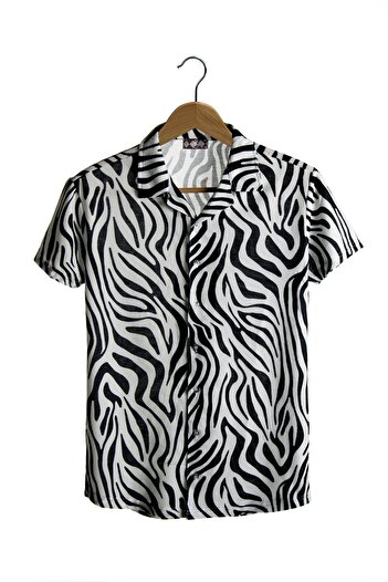 VEAVEN Men's Black Short Sleeve Cotton Patterned Slimfit Open Collar Shirt