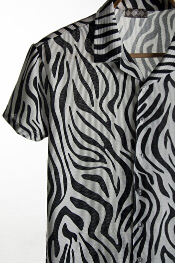 VEAVEN Men's Black Short Sleeve Cotton Patterned Slimfit Open Collar Shirt