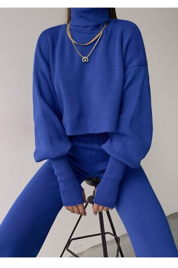 vuvutasarım Turtleneck Embroidered Flexible Blue Knitwear Sweater And High Waist Blue Knitwear Trousers Set 015
