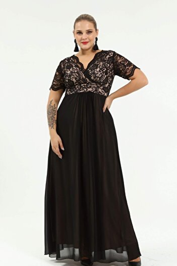 ANGELINO Plus Size Guipure and Chiffon Detailed Double Breasted Long Evening Dress Dd793