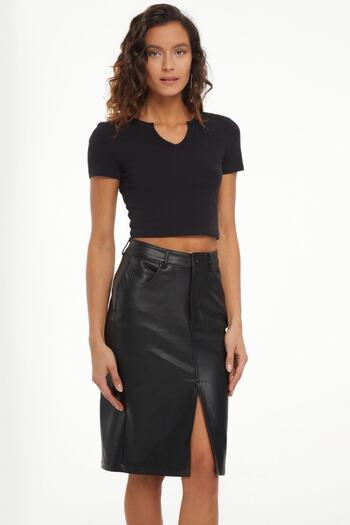 its basic Women's Black Color Rose Gold Faux Leather Front Slit Midi Length Skirt