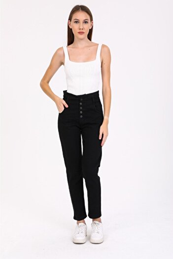 SHEVEGA Black High Waist Lycra Belt Gathered Button Detailed Mom Jean Jeans