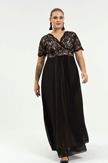 ANGELINO Plus Size Guipure and Chiffon Detailed Double Breasted Long Evening Dress Dd793