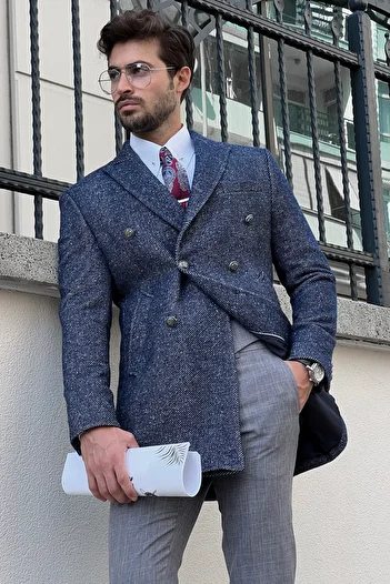 NAZEF Slim Cut Special Design Metal Buttoned Wool Double Breasted Coat
