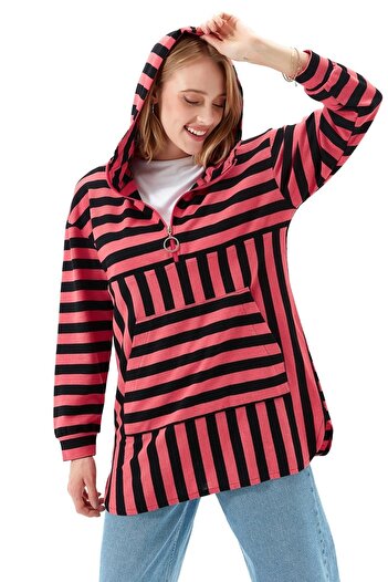 Muni Muni Çizgili Doğal Kumaşlı Sweatshirt 50442 Pembe