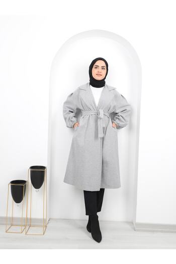Aranlı tekstil Belted Women's Hijab Coat with Gathered Sleeves