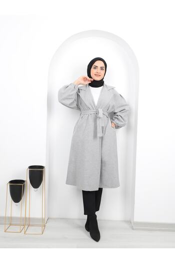 Aranlı tekstil Belted Women's Hijab Coat with Gathered Sleeves