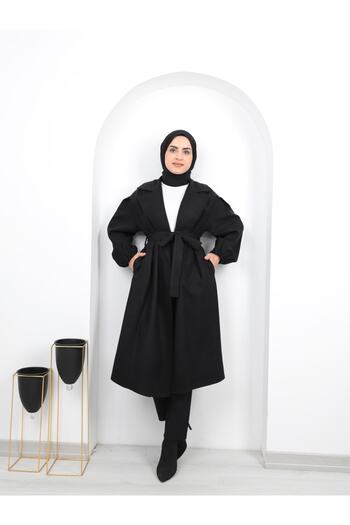 Aranlı tekstil Belted Women's Hijab Coat with Gathered Sleeves