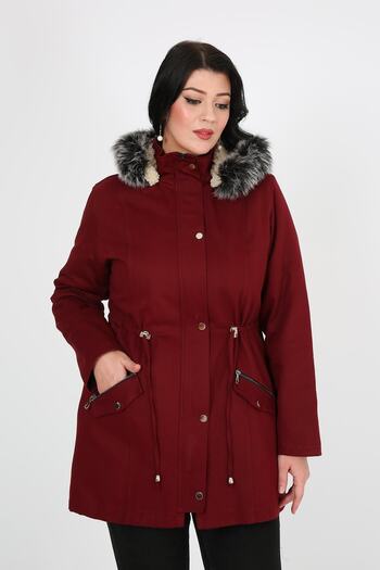 By Alba Collection Women's Short Gabardine Curly Inside Plus Size Coat Claret Red
