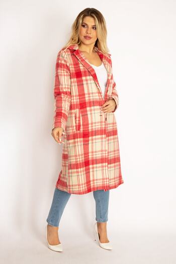 Şans Women's Large Size Colorful Plaid Patterned Front Button Lined Coat 65n34662