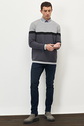 ALTINYILDIZ CLASSICS Men's Grey-black Standard Fit Regular Cut Crew Neck Honeycomb Textured Winter Knitwear Sweater