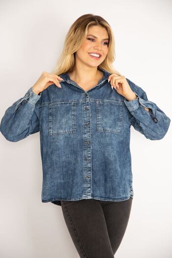 Şans Women's Large Size Blue Sleeve Adjustable Pocket Denim Shirt 65n34825