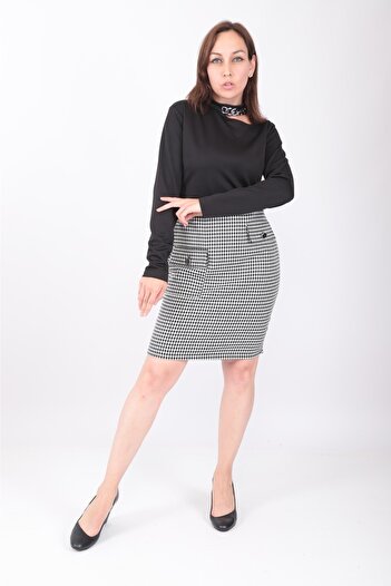 MODAPO Women's Collar Chain and Low-cut Houndstooth Patterned Office Dress