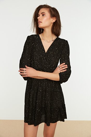 Trendyol Collection Μαύρο εμπριμέ Skater/Μίνι Stretch Πλεκτό Φόρεμα με λαιμόκοψη TWOAW22EL0104