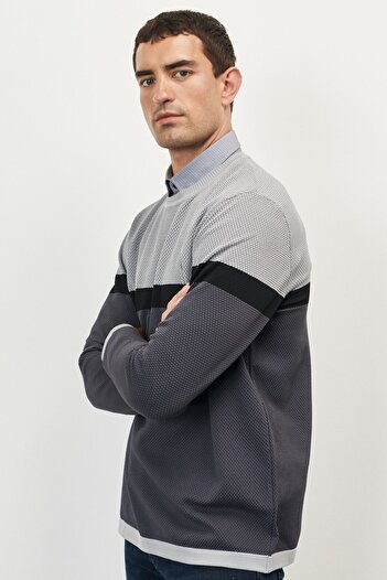 ALTINYILDIZ CLASSICS Men's Grey-black Standard Fit Regular Cut Crew Neck Honeycomb Textured Winter Knitwear Sweater