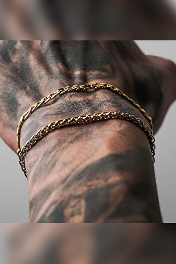 The Collection 2-Piece Angelus and Figaro Chain Tarnish Resistant Unisex Gold Steel Bracelet