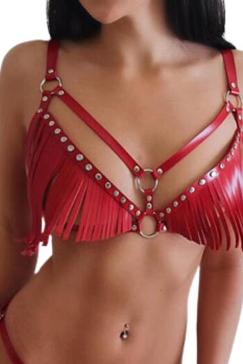 Didolim Red Fancy Women's Leather Costume - Tassel Detailed, New Special Leather Costume