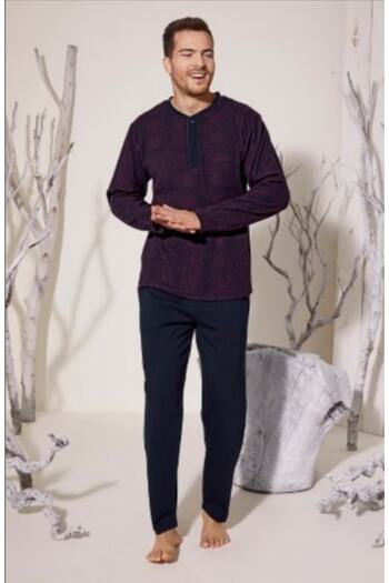 KLY 8024 Buttoned U Collar Men's Pajama Set Claret Red