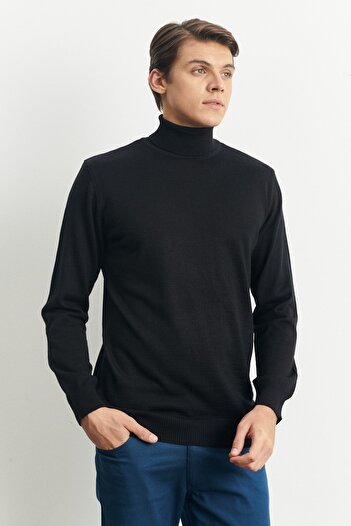 ALTINYILDIZ CLASSICS Men's Black Standard Fit Regular Cut Full Turtleneck Wool Knitwear Sweater