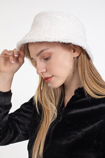 LadyColor Hat Curly Plush Fabric Bucket Model Cream
