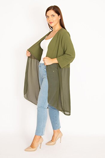 Şans Women's Large Size Khaki Bottom Part Chiffon Cardigan 65n34879