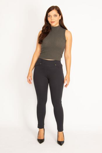 Şans Women's Large Size Anthracite Leggings with Front Ornamental Pocket and Back Pocket 65n34862