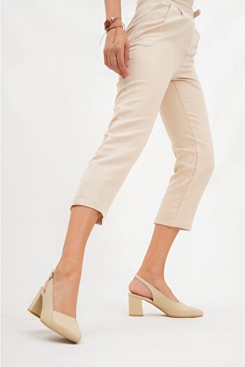 Deripabuc Genuine Leather Beige Women's Heeled Leather Shoes Shn-0730