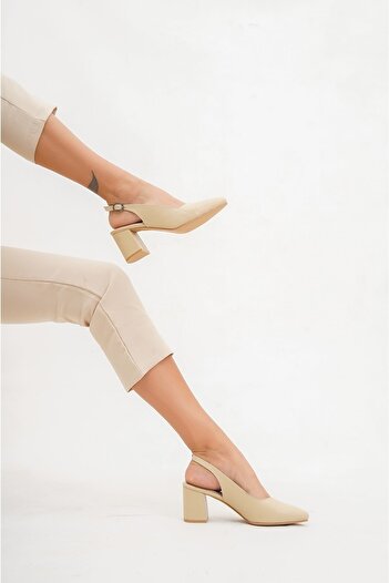 Deripabuc Genuine Leather Beige Women's Heeled Leather Shoes Shn-0730