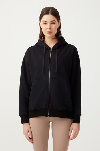 Los Ojos Women's Black Hooded Oversize Ribbed Zippered Knitted Sweatshirt