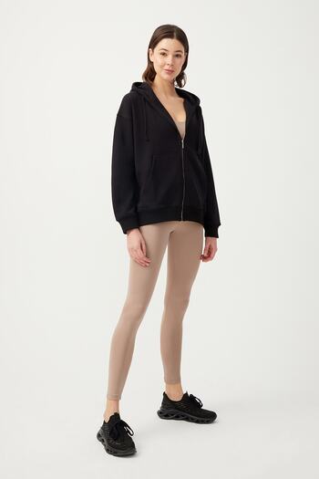 Los Ojos Women's Black Hooded Oversize Ribbed Zippered Knitted Sweatshirt