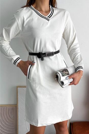FEMELLE Women's V-Neck Stripe Detailed Combed Cotton Dress with Pockets