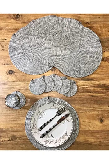 AYŞE SERHOŞOĞLU HOME DESİGN 12 Piece Placemat for 6 People, Wicker Tableware Set, Plate and Coaster Set, Machine Stitched
