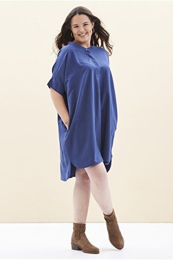 EVEN plus size Mavi Kupra Kısa Kollu Büyük Beden Elbise