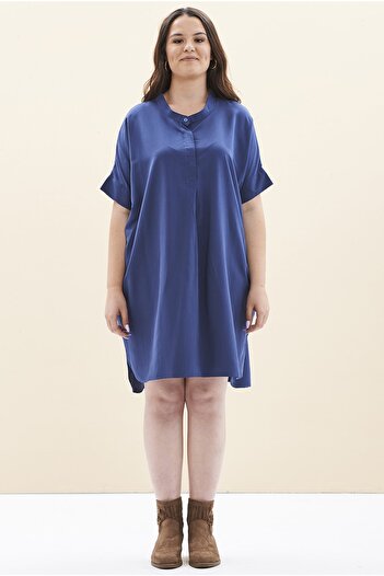 EVEN plus size Mavi Kupra Kısa Kollu Büyük Beden Elbise