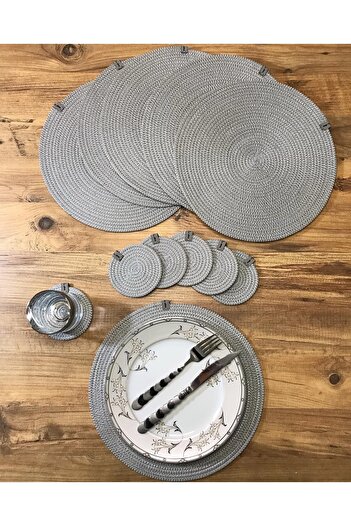 AYŞE SERHOŞOĞLU HOME DESİGN 12 Piece Placemat for 6 People, Wicker Tableware Set, Plate and Coaster Set, Machine Stitched