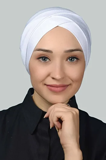 Altobeh Τετράριζο Σταυρωτό Εξωτερικό Καπό Hijab Έτοιμο τουρμπάνι χτενισμένο βαμβακερό -λευκό