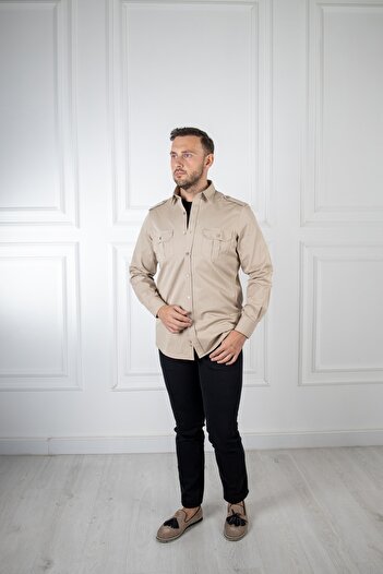Sarar Interview Çift Cepli Slim Fit Bej Gömlek