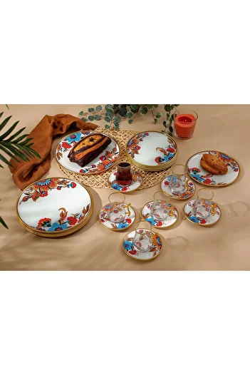 GÜRCÜGLASS White Floral 24 Piece Set with Handle