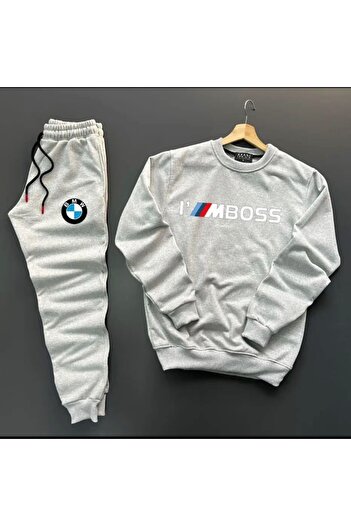 NewCabin New Season I'm Boss Printed Grey Cotton Crew Neck Sweat-cotton Winter Sweatpants Set 2