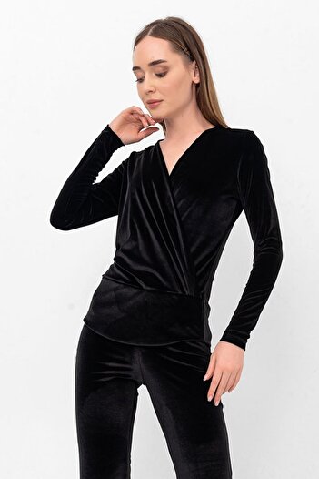 Laranor Black Double-breasted Collar Velvet Blouse