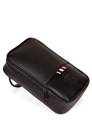 AVCA Men's Black Leather Shaving Travel Cosmetic Portfolio Care Hand Bag Daily Clutch